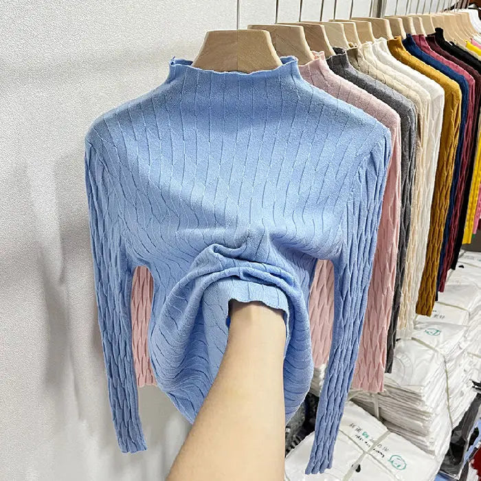 2025 Slim Fit Knitted Base Pullovers Autumn Winter Turtleneck Sweater Women's Solid Long Sleeve Casual Ruched Sweater