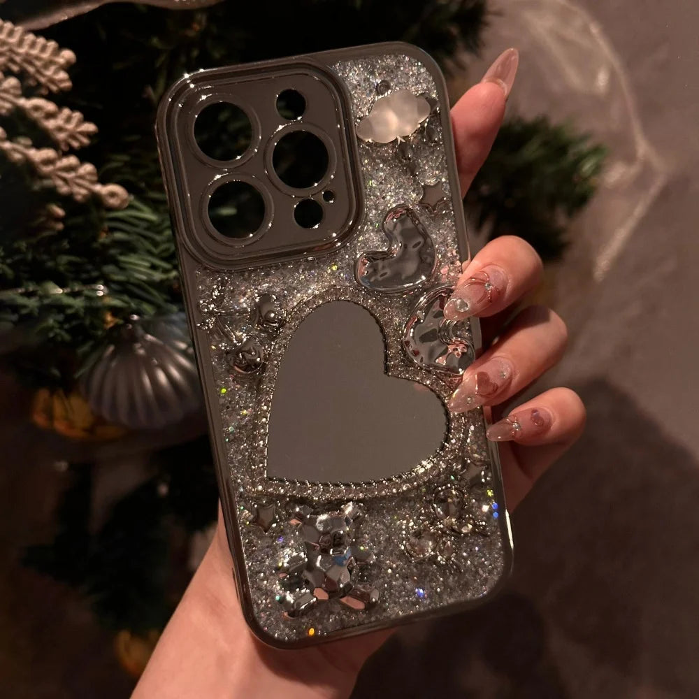 Luxury Glitter 3D Cloud Bear Phone Case For iPhone 16 15 14 13 12 Pro Max 11 Shiny Love Heart Mirror Lens Protective Back Cover