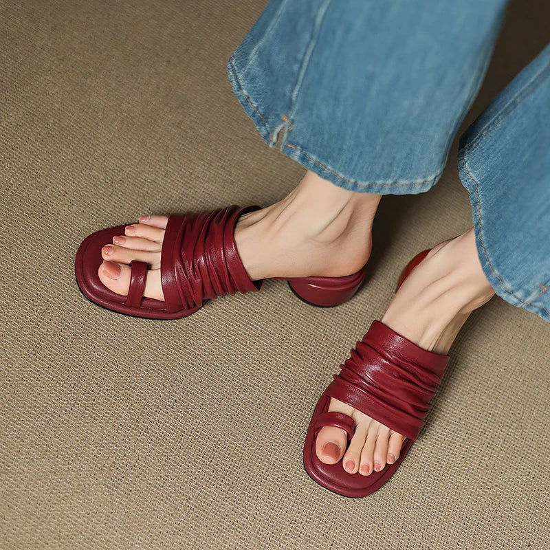 2025 NEW Summer Women Mules Genuine Leather Shoes for Women Open Toe Med Heel Shoes Slippers Pleated Modern Sandals