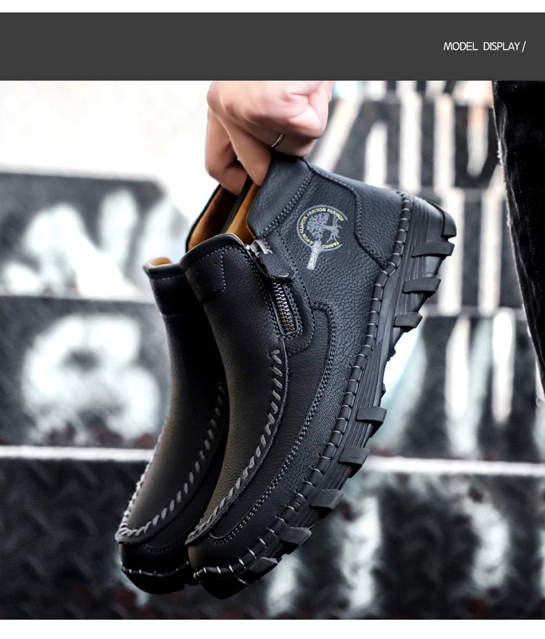 Men Boots Autumn Winter New Handmade High-top Casual Shoes Outdoor Non-slip Hiking Men Shoes Zipper Ankle Boots Plus Size 38-48