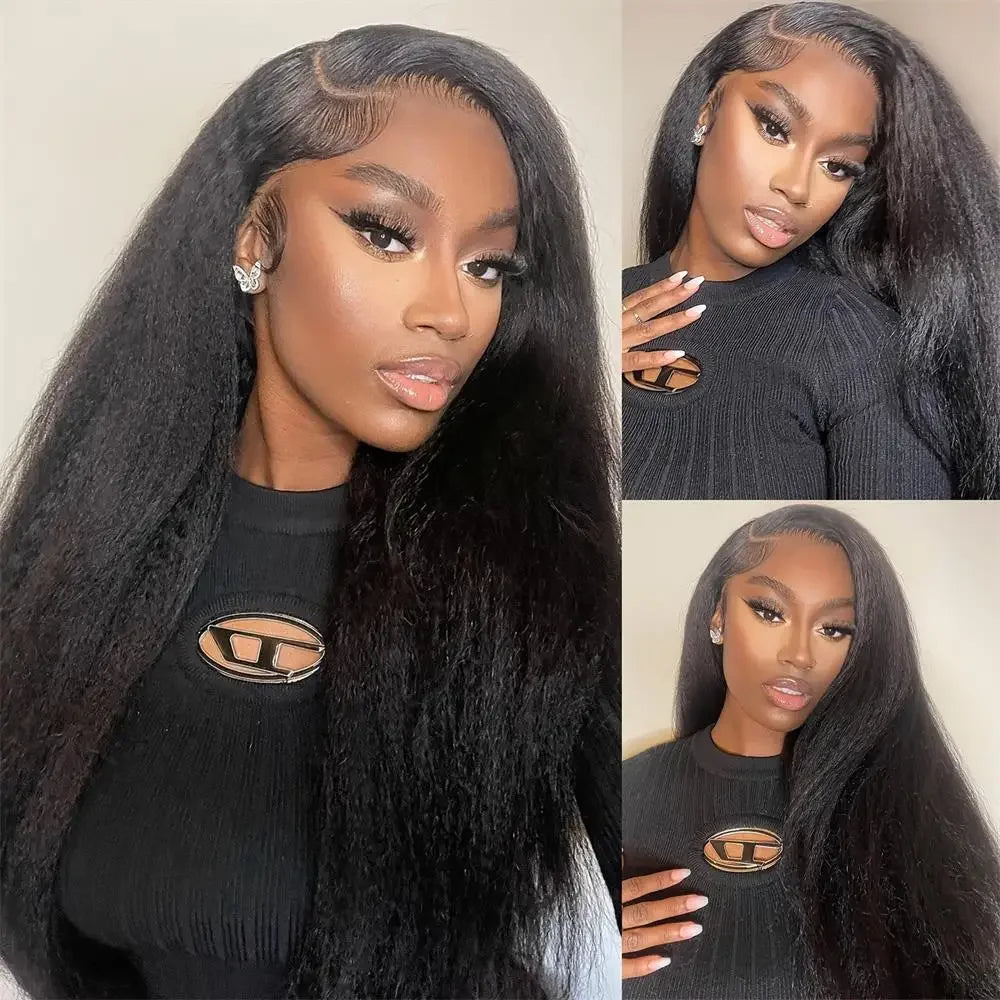 100% Human Hair Kinky Straight 13x6 HD Lace Frontal Human Hair Wig Indian Transparent Lace Front Wig For Women PrePlucked 200%