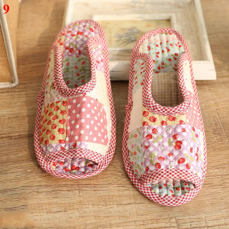 1 Pair Vintage Floral Home Slippers Spring Autumn Soft Cotton Toe Sole Slippers Women Flat Shoes Indoor Bedroom Slippers
