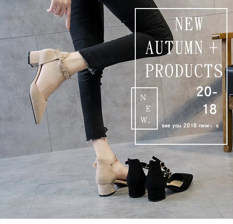 Small Size 31-34 Fashion Closed Toe Sandals Low Heeled Woman Ankle Strap Shoes Pointed Thick Heel Sandalias De Mujer Ladies Shoe