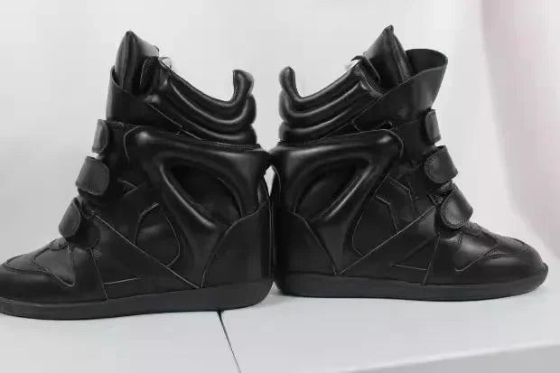 A Genuine Leather Casual Shoes Women's 2026 Summer Breathable Hollow Hidden Wedges Sneakers Hook Loop Trainers High Top