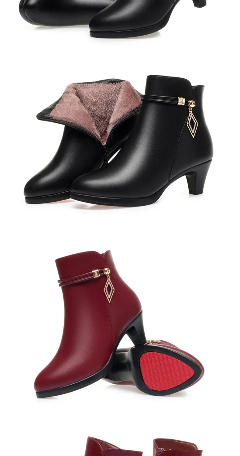 Comfort Fashion Soft Leather Winter Shoes Platform Boots 2024 Elegant Black Block High Heels Ankle Office Mom Boots