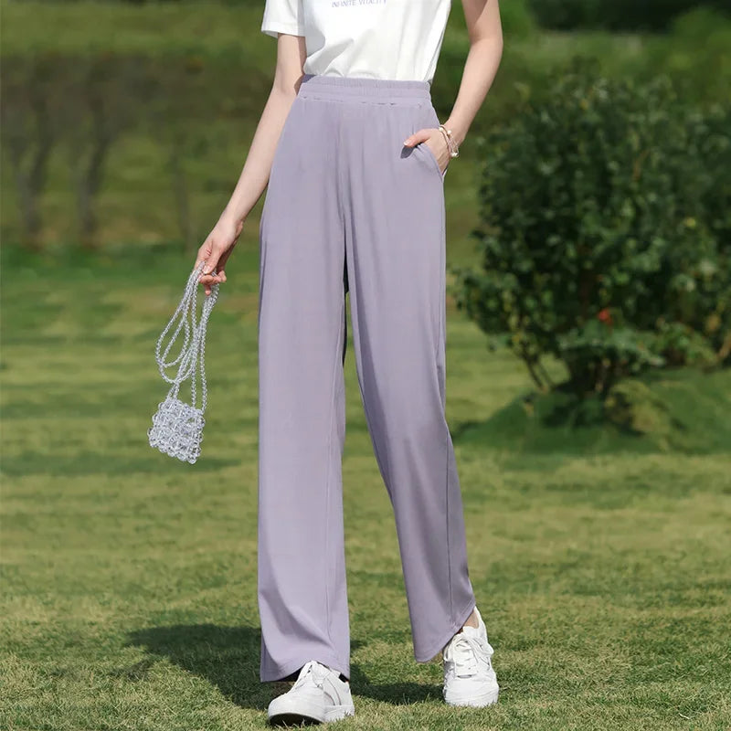 I BELIEVE YOU Wide Leg Pants Women 2024 Spring Summer New High Drape Pants Elastic High Waist Knitted Casual Trousers 2241045612