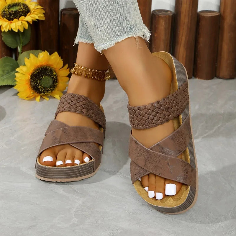 Fashion Thick Sole Cork Sandals Women Summer 2025 Thick Sole Women Slippers Casual Cross Comfort Outdoor Beach Women Sandals