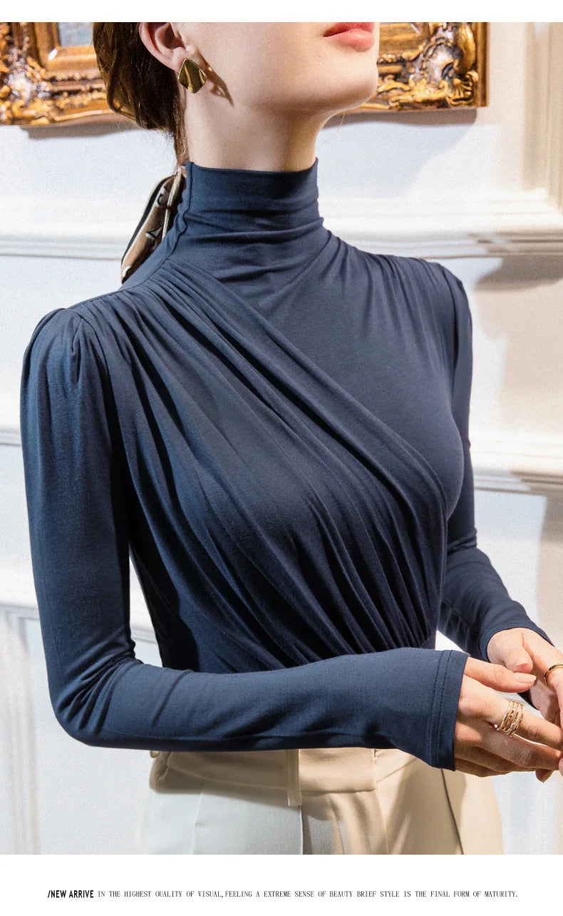 EVNISI Women Casual Thickening Warm Shirt Elegant Office Long Sleeved T-shirt Mock Neck Women Bottoming Tops 2024 Autumn Winter