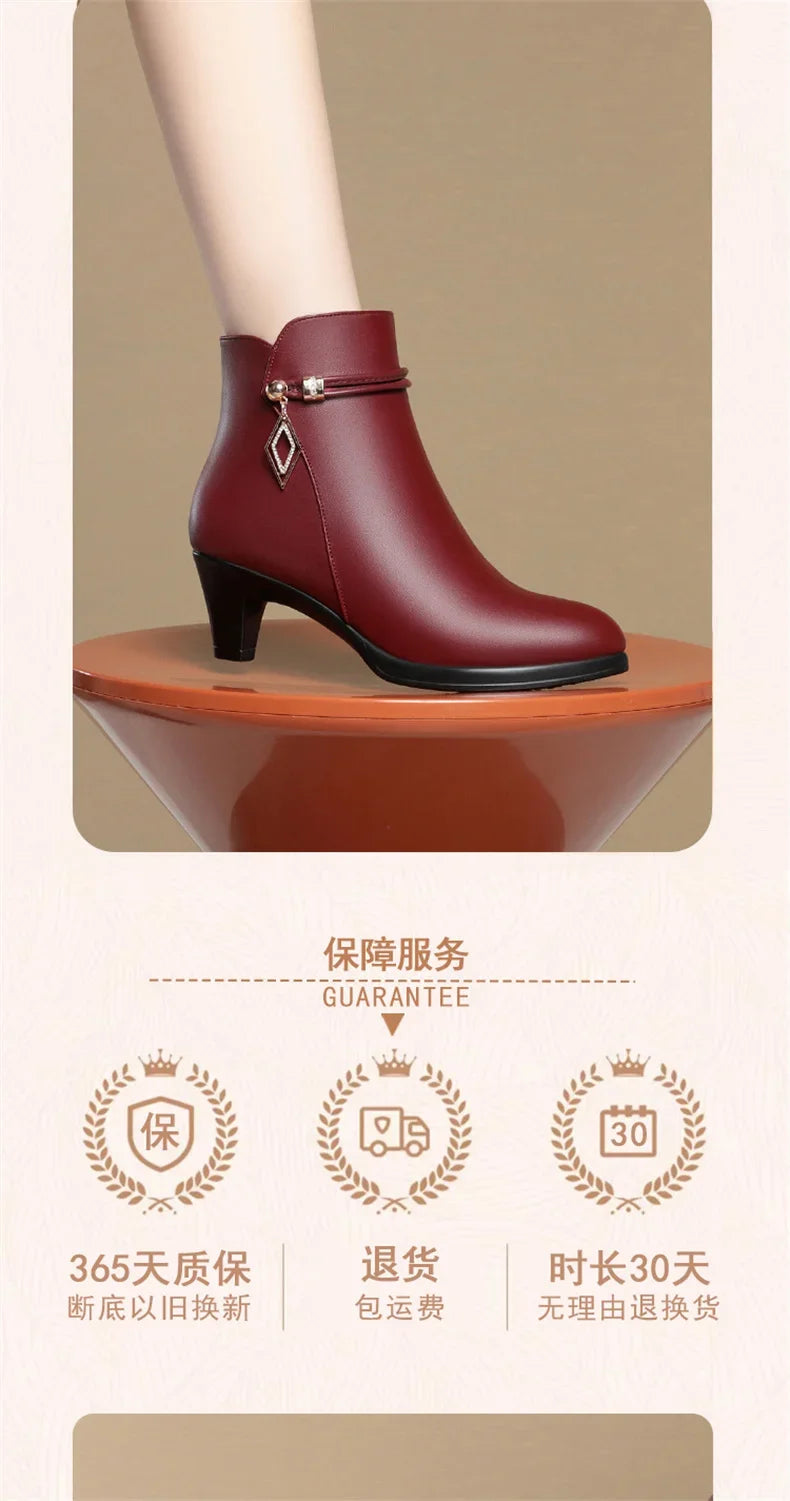 Comfort Fashion Soft Leather Winter Shoes Platform Boots 2024 Elegant Black Block High Heels Ankle Office Mom Boots