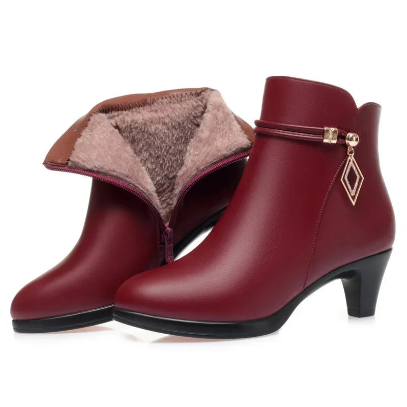 Comfort Fashion Soft Leather Winter Shoes Platform Boots 2024 Elegant Black Block High Heels Ankle Office Mom Boots