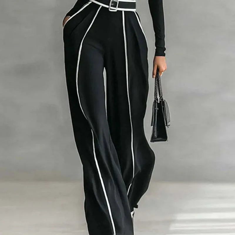 Winter Turtleneck Long Sleeve 2 Piece Sets Retro Solid Slim Top Pullover+Wide Leg Pant Suits Fall Contrast Color Straight Outfit