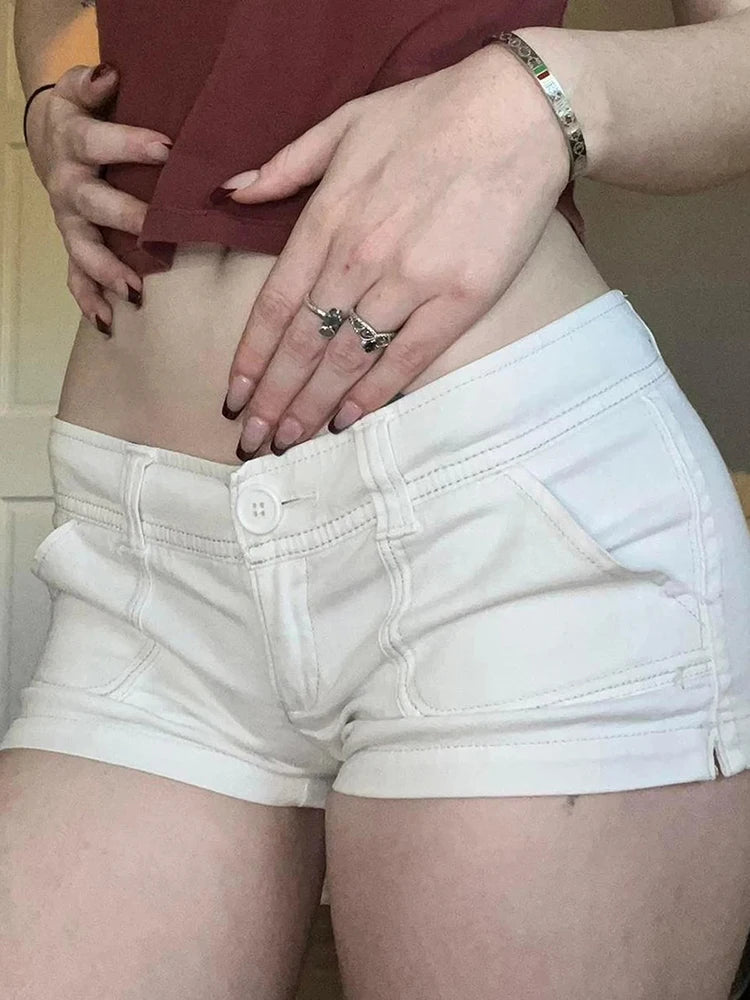 Y2K Women's Knitted White Shorts Pockets Sexy Low Rise Skinny Super Short Pants Streetwear Casual Summer Chic Basic Shorts Chic