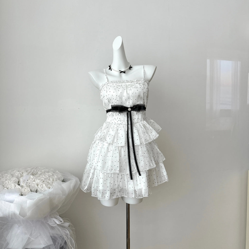 Japanese Elegant Sweet Original Design Evening Dress Women Dot Bow Strapless Pleated Party Dress Princess Casual Cute Clothing