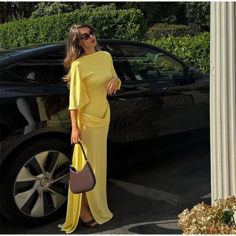 Irregular Yellow Backless Maxi Dress Women's Elegant Half Sleeve Split Slim Fit Pleated Robes 2025 Lady Evening Party Gowns New