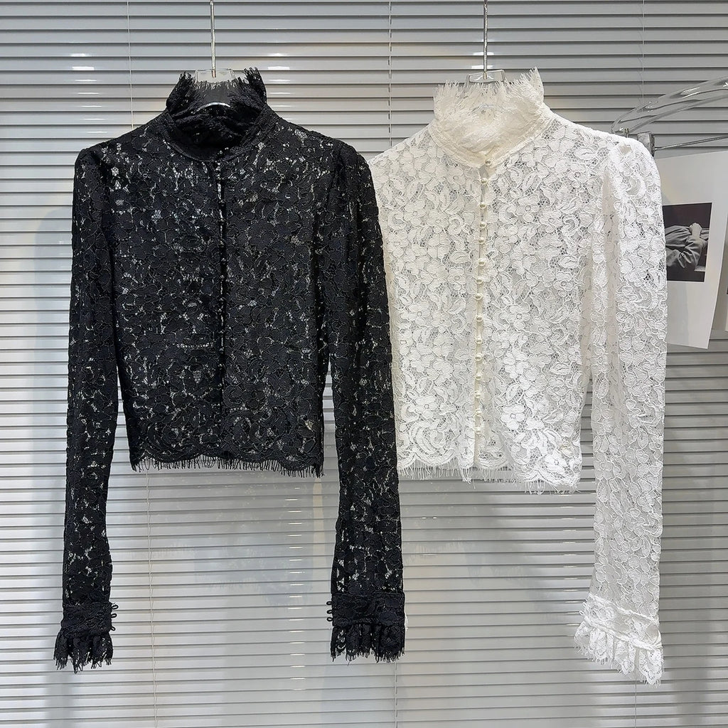 KTCZ Solid Spliced Lace Hollow Out Blouse For Women Long Sleeve Single Breasted Patchwork Print Minimalist Chic Blouse Female