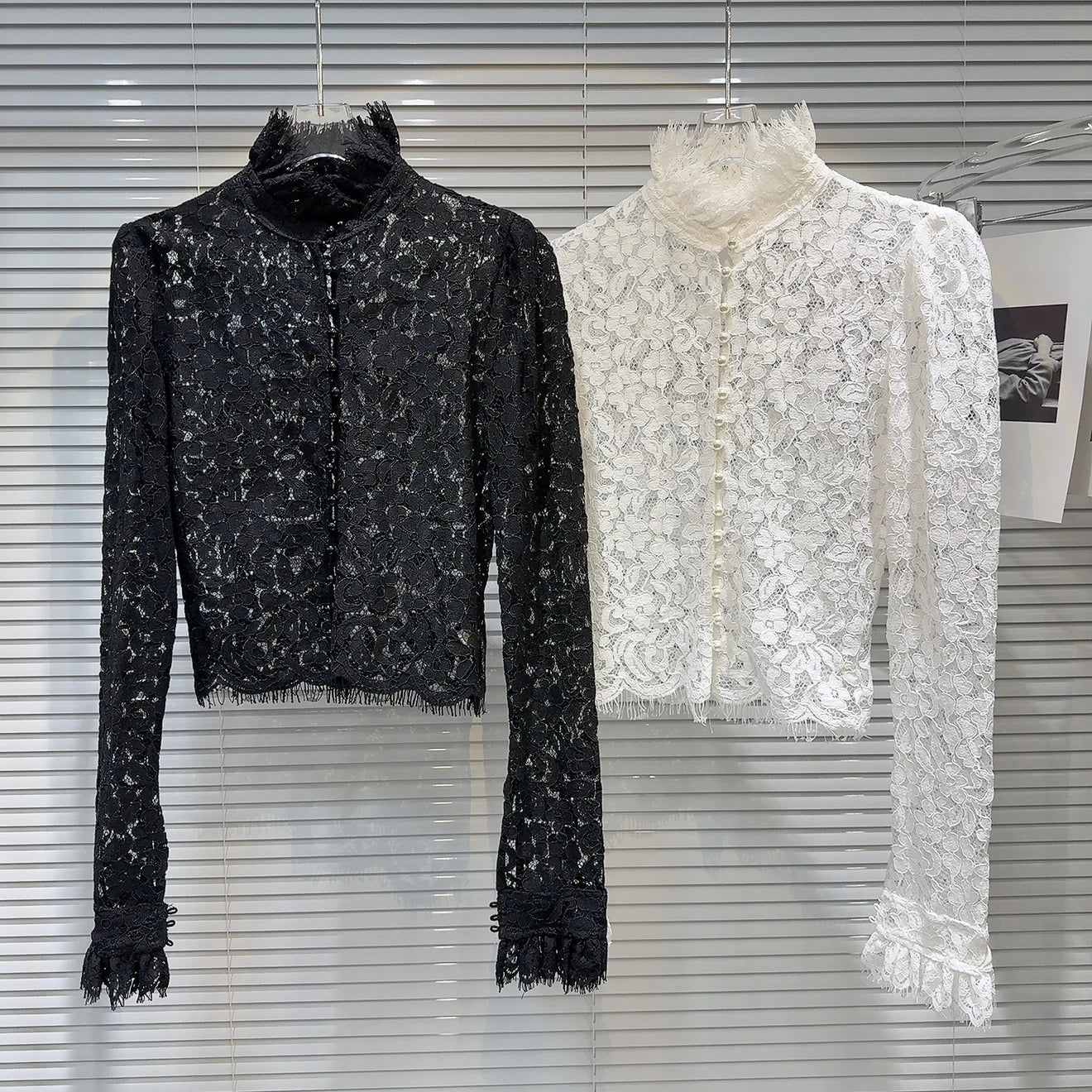 KTCZ Solid Spliced Lace Hollow Out Blouse For Women Long Sleeve Single Breasted Patchwork Print Minimalist Chic Blouse Female