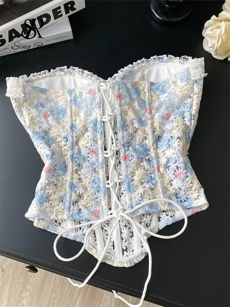 SINGREINY INS Strapless 3D Floral Camisole 2025 Summer Corset Slim Backless Tank Top Sheer Lace Up Holiday Sexy Embroidery Top