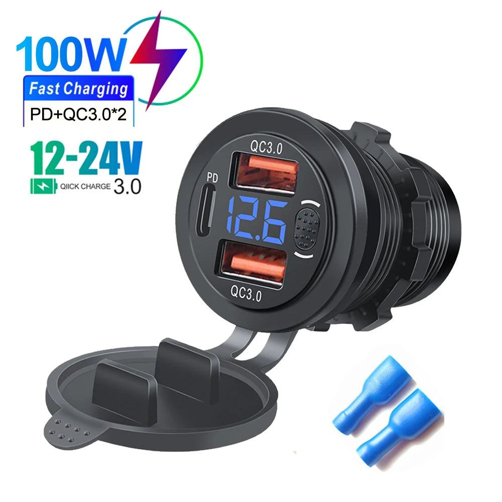 100W USB Outlet Car Charger Dual QC3.0 & PD 3 Ports USB C Socket with Voltmeter Touch Switch for Car Boat Marine Truck RV