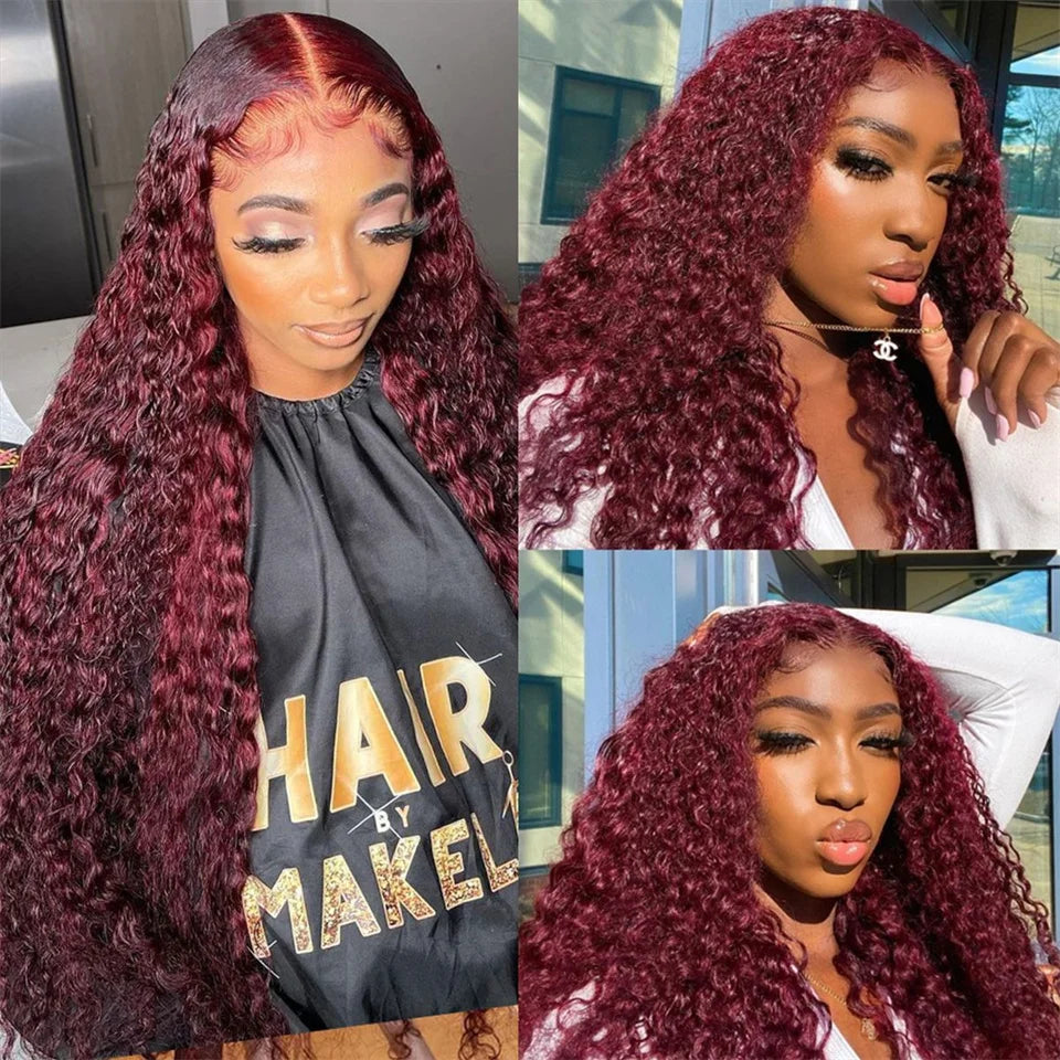40Inch 99J Burgundy Water Curly 13x4 Glueless Lace Frontal Wig 250% Deep Wave HD Transparent Lace Front Wig Human Hair For Women