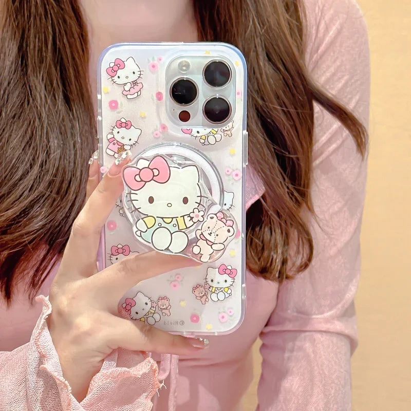 Cute Cartoon Sanrio Hello Kitty Magnetic Holder Magsafe Wireless Charge Phone Case For iPhone 15 14 13 12 11 Pro Max Hard Cover