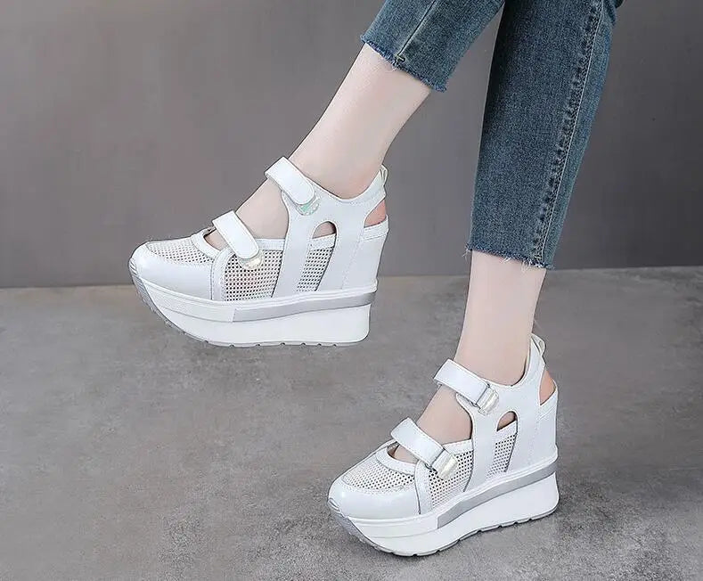 10cm Air Mesh Genuine Leather Platform 2025 Wedge Flats Sneakers Hook Summer Women Comfy Fashion Chunky Sneaker Sandals Shoes