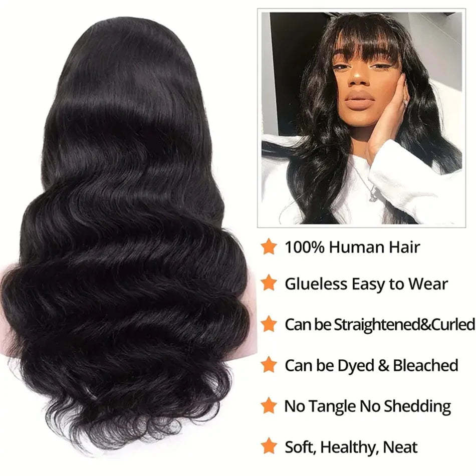 Body Wave Human Hair Wigs With Bangs Peruvian Cheap Glueless Wigs On Sale Clearance Full Machine Made Wig With Bangs For Woman