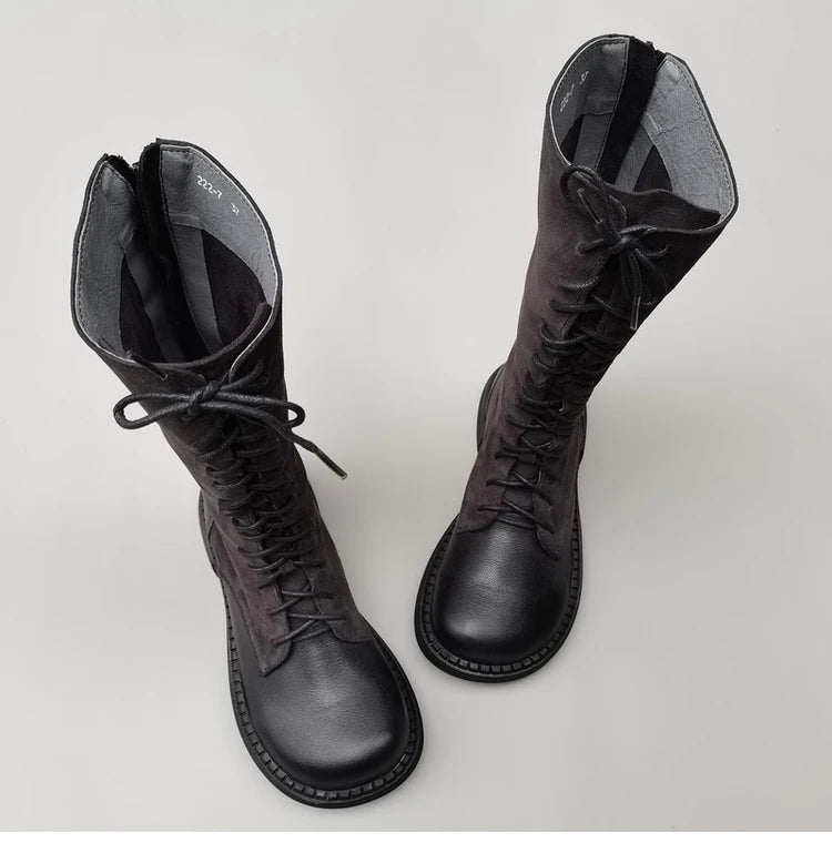 Autumn 2024 Shoes Long Noses Riding Boots Natural Leather Wide Toe Women's Boots Kne-High Cowhide Suede Single Lace-up booties