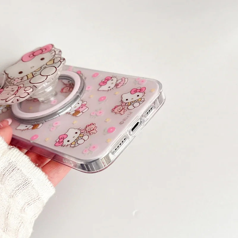 Cute Cartoon Sanrio Hello Kitty Magnetic Holder Magsafe Wireless Charge Phone Case For iPhone 15 14 13 12 11 Pro Max Hard Cover
