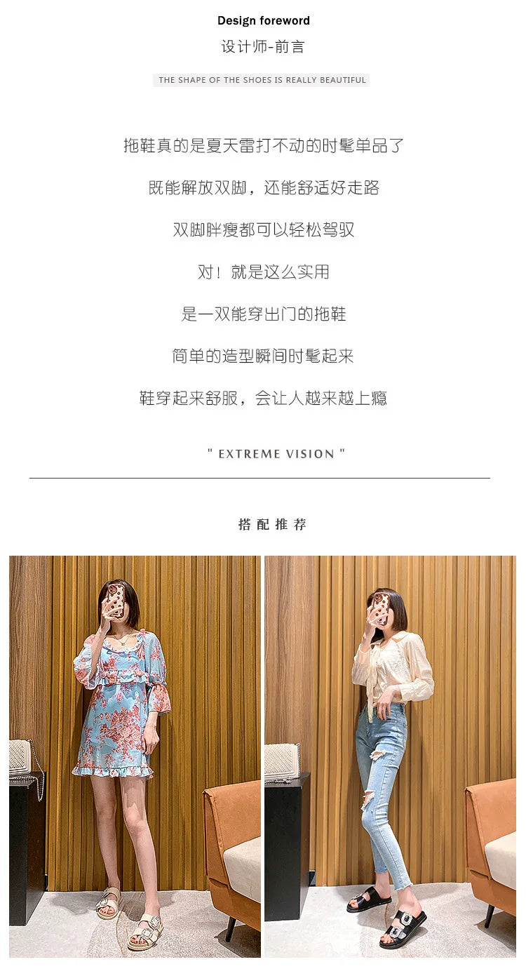 2025 Brand Rhinestone Buckle Sandals Women Double Band Slippers Crystal Shoes Ladies Casual Slides Slip On Flat Heels Flip Flops