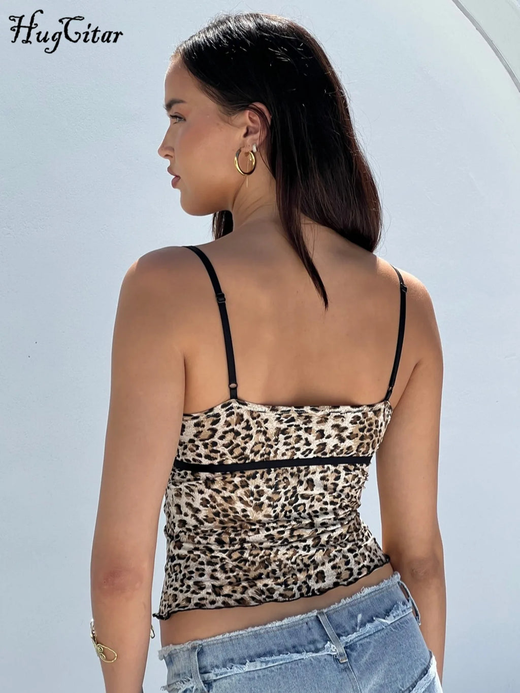 Hugcitar Leopard Print V Neck Sexy Slips Tie Bow Backless Crop Camis Top Summer Women Fashion Y2K Outfits Beach Vacation Club