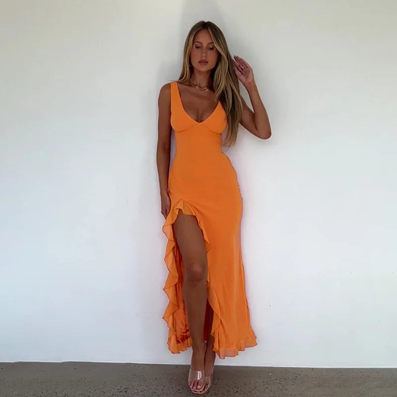 Mozision Elegant Sleeveless Ruffles Sexy Long Dress For Women Summer New Deep V Neck Backless Thigh High Split Maxi Dress