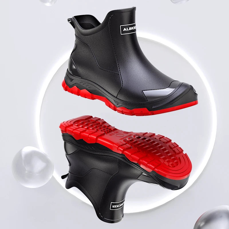 Fashion Contrast Color Black Red Sole Short Rain Boots Men's Outerwear Versatile Non-slip Wading Khaki Rubber Shoes Work Shoes