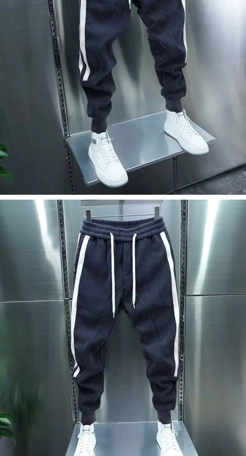 Fashion 2024 Autumn Winter New Black Jogger Men's Corduroy Pants Korean Elastic Waist Casual Pants Jogging Striped Harem Pants