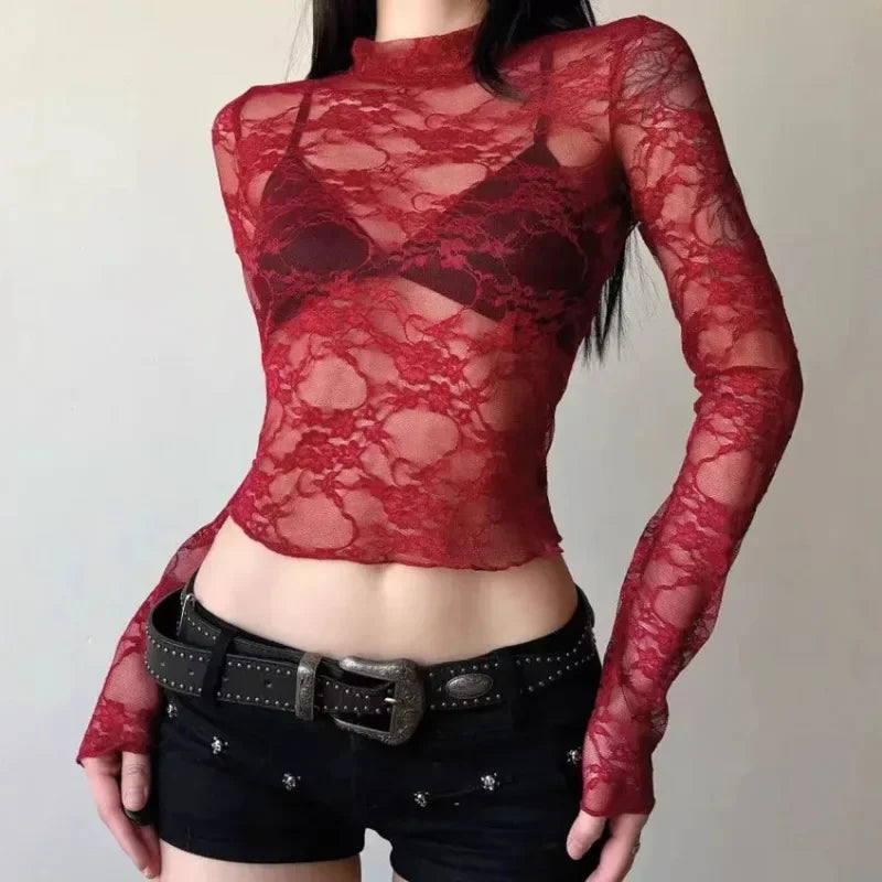 Sexy Long Sleeve Rose Lace Shirt Women's Slim Fit Shirt Translucent Summer New Arrival Summer Fashion Female Top