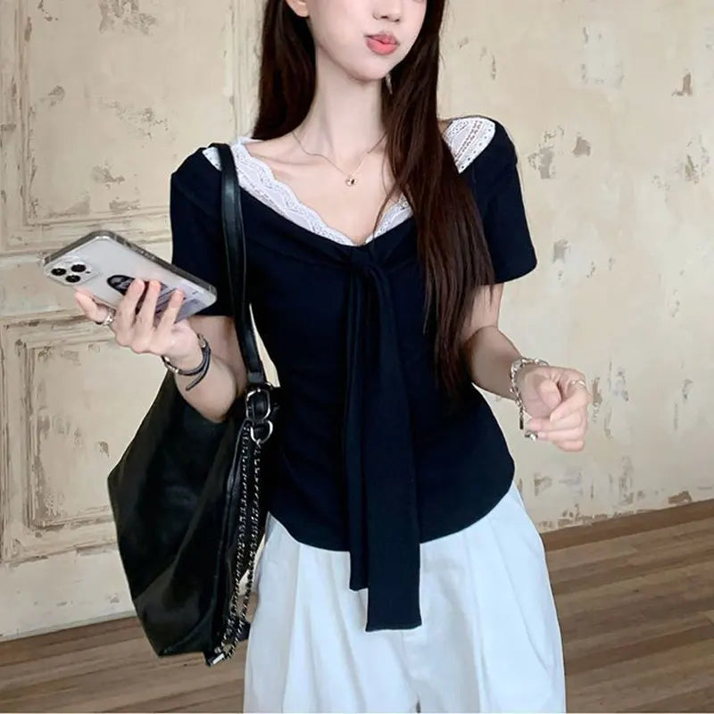 Summer V-Neck Fashionable Lace T-shirts Elegant Bandage Women's Clothing Solid Color Basic Short Sleeve Slim Vintage Pullovers