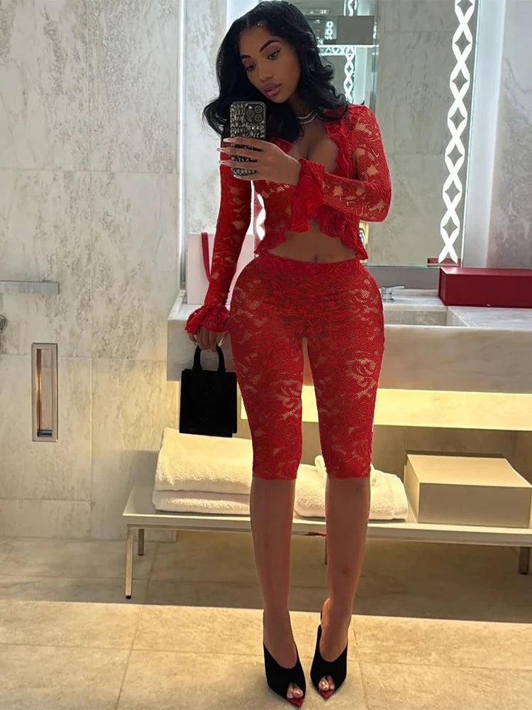 Weird Puss Jacquard Sexy Women 2 Piece Set Coquette Full Sleeve Ruffles Crop Tops+Bike Shorts Matching Clubwear Summer Outfits