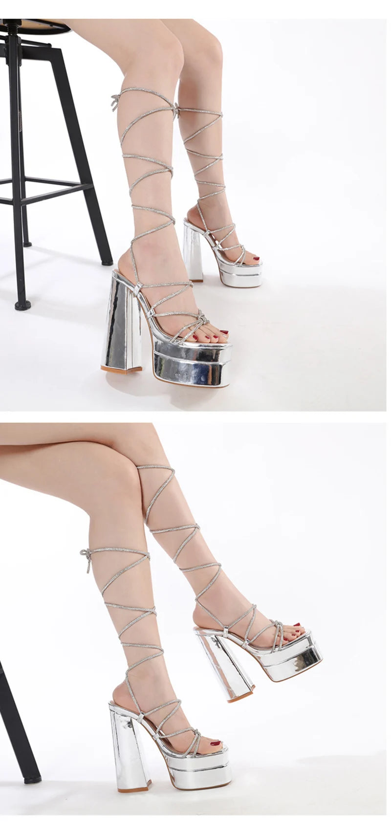 MM2025 New Arrival Rhinestone Embellished Knot T-Strap Heels Roman Peep-toe Summer Sandals Shiny Perfomance Anniversary Footwear