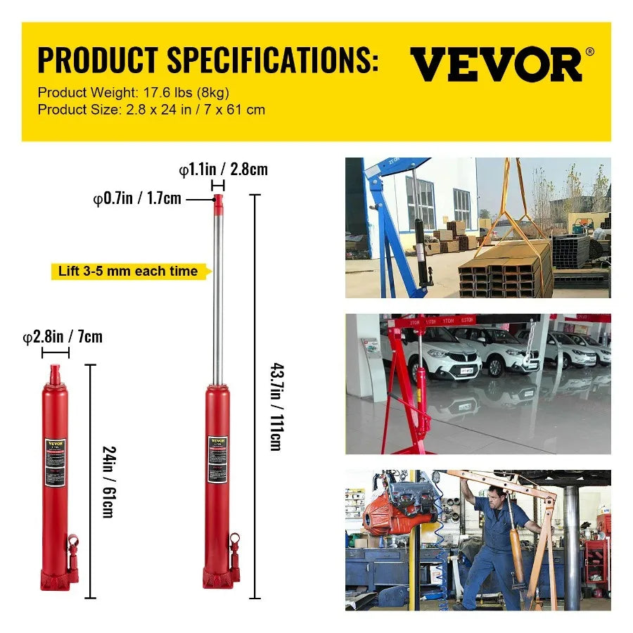 Hydraulic Long Ram Jack 4 Tons 8818 lbs Capacity with Single Piston Pump and Flat Base Manual Cherry Picker w Handle for Garag
