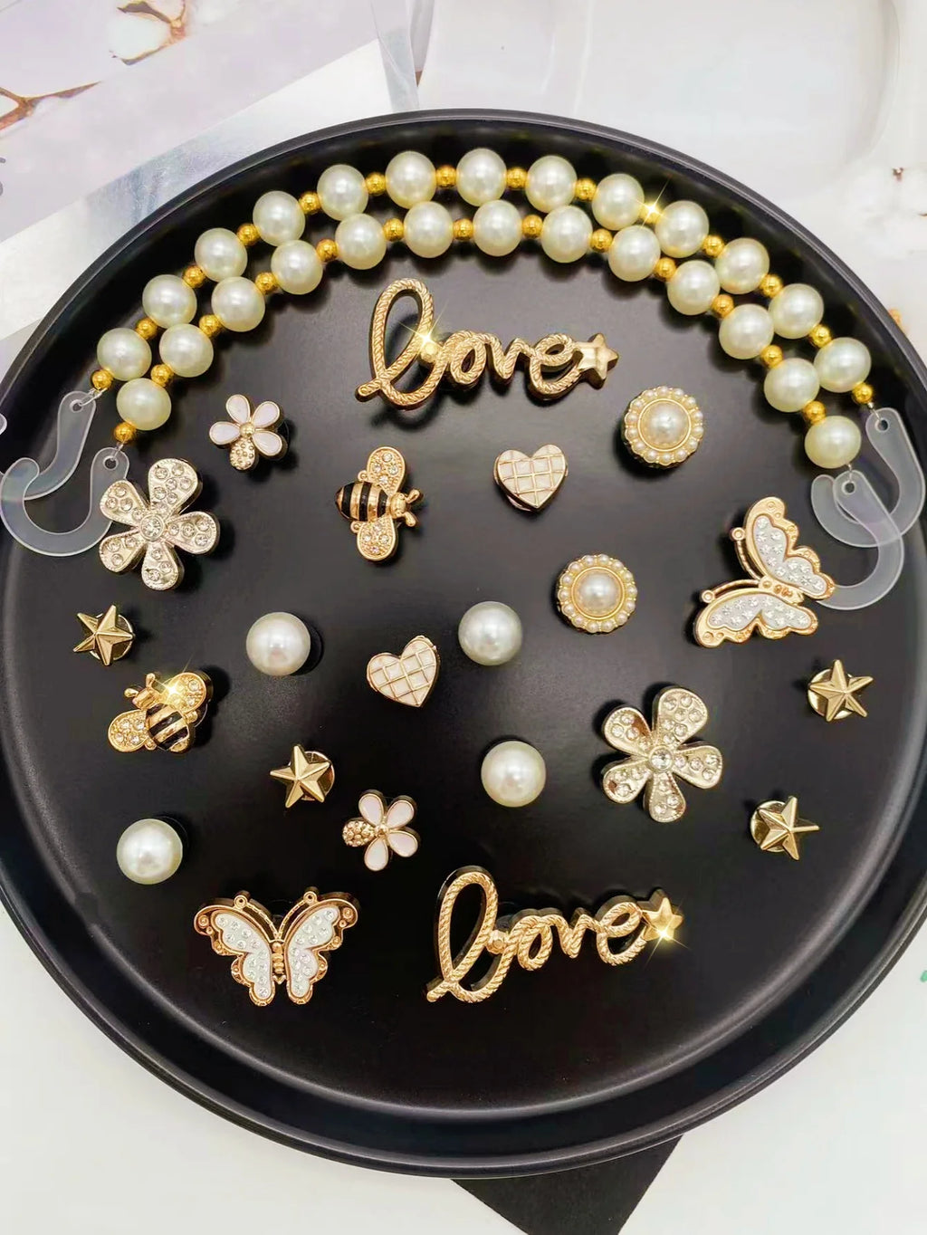 24 pieces of golden fashion (ABS pearl chains, butterflies, stars, flowers, letters, hearts, ABS pearls) ABS resin shoe buckles,