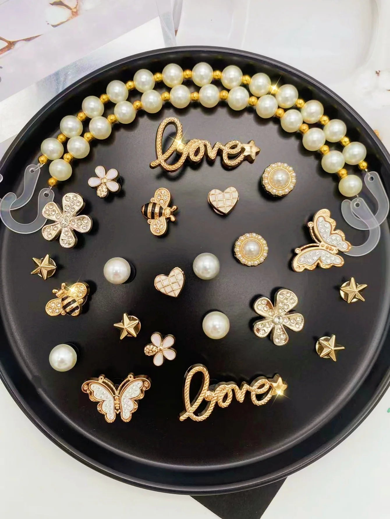 24 pieces of golden fashion (ABS pearl chains, butterflies, stars, flowers, letters, hearts, ABS pearls) ABS resin shoe buckles,