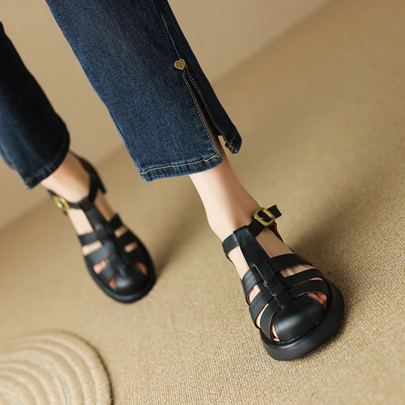 New Summer Sandals Genuine Leather Luxury Roman Sandals Casual Buckle Strap Summer Shoes GLADIATOR Thick Heel Women Shoes