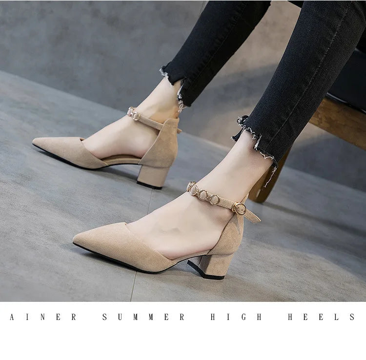 Small Size 31-34 Fashion Closed Toe Sandals Low Heeled Woman Ankle Strap Shoes Pointed Thick Heel Sandalias De Mujer Ladies Shoe