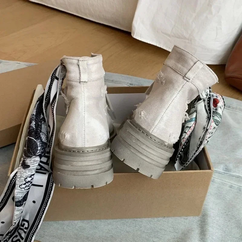 Women's Boots  New Thick Sole Breathable Ribbon Strap Short Boots Anti Slip Lace-up Height Increasing Fashion Boots