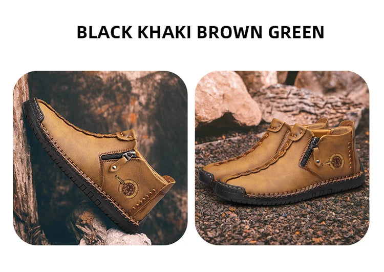 CLOHOO Hand-Sewn High-Top Men's Casual Shoes Comfortable Business Boots Solid Color Office Boots with Zipper