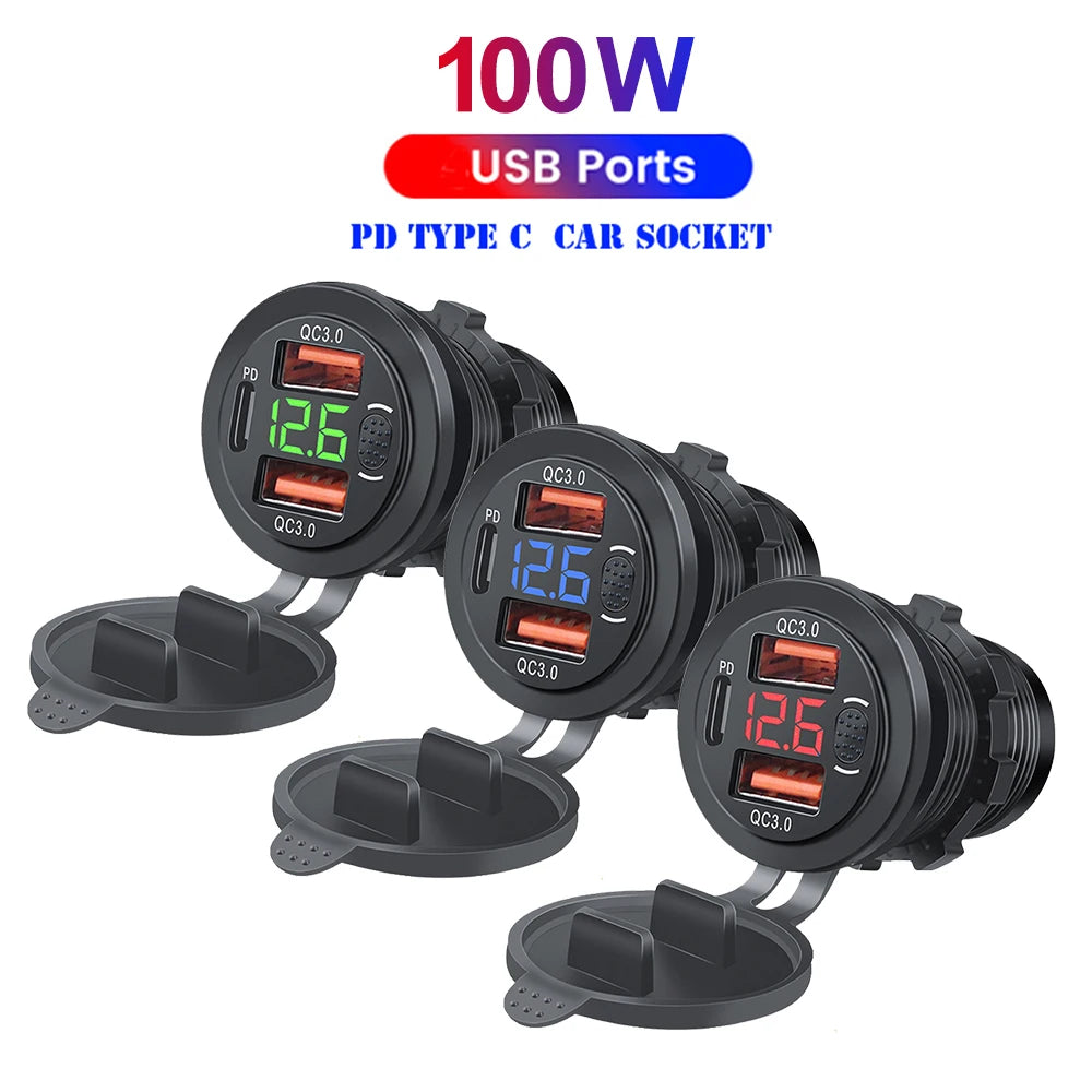 100W USB Outlet Car Charger Dual QC3.0 & PD 3 Ports USB C Socket with Voltmeter Touch Switch for Car Boat Marine Truck RV