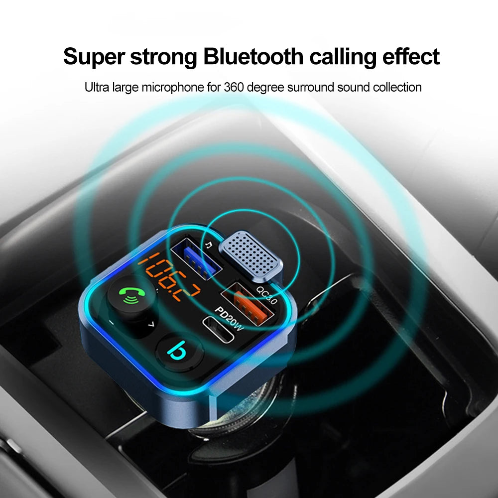 Car Bluetooth FM Transmitter PD Type-C Dual USB 4.8A Fast Charger Handsfree Radio Modulator MP3 Player Support TF card