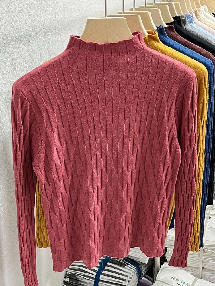 2025 Slim Fit Knitted Base Pullovers Autumn Winter Turtleneck Sweater Women's Solid Long Sleeve Casual Ruched Sweater