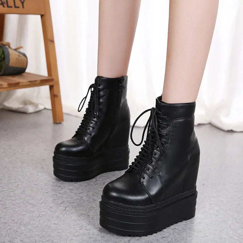 14CM Punk Style Wedges Ankle Boots Black Rubber Sole Shoes Platform Boots Women Lacing Autumn Sexy Lady Platform Heels Shoes
