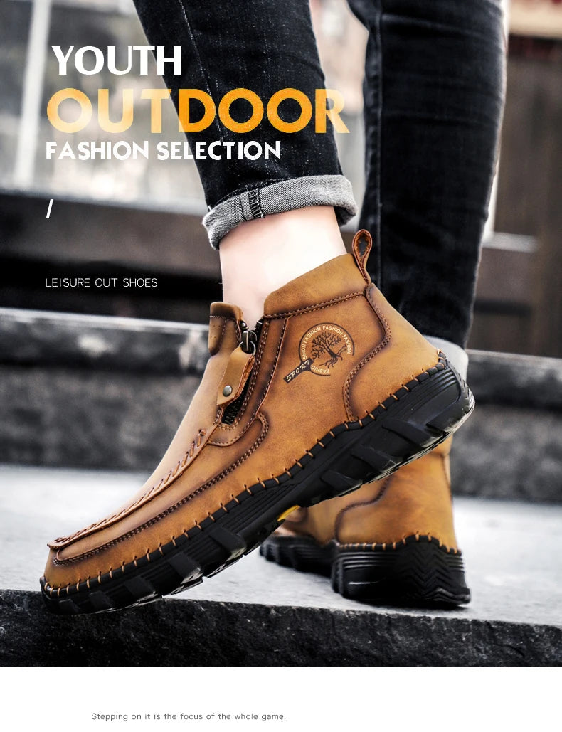 Men Boots Autumn Winter New Handmade High-top Casual Shoes Outdoor Non-slip Hiking Men Shoes Zipper Ankle Boots Plus Size 38-48