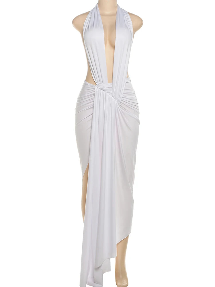 Nibber Irregular Hem Women Maxi Dress High Split Halter Deep V-neck Backless Folds Sexy Midnight Hipster Wild Clubwear Vestidos